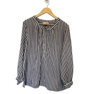 Universal Thread Blue/White Striped Collarless Tunic Blouse, 1X, EUC